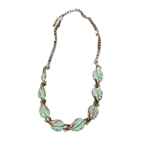 Vintage CORO Silvertone & Light Blue Enamel Leaf Necklace